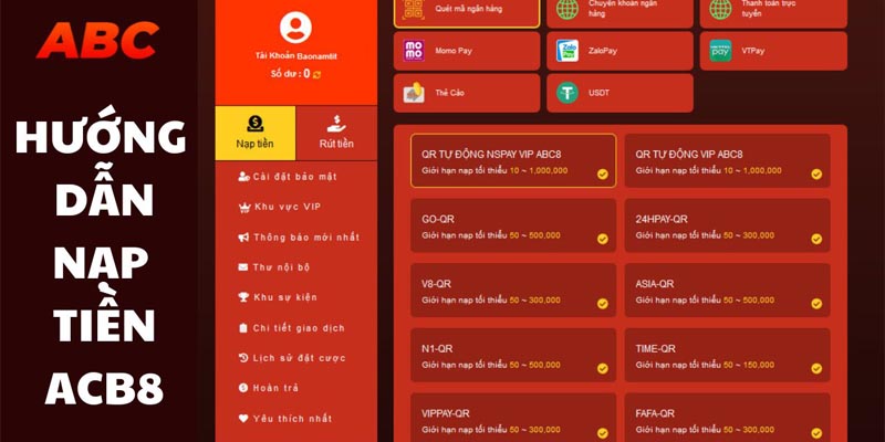 Các bước thao tác thực hiện nạp tiền ABC8